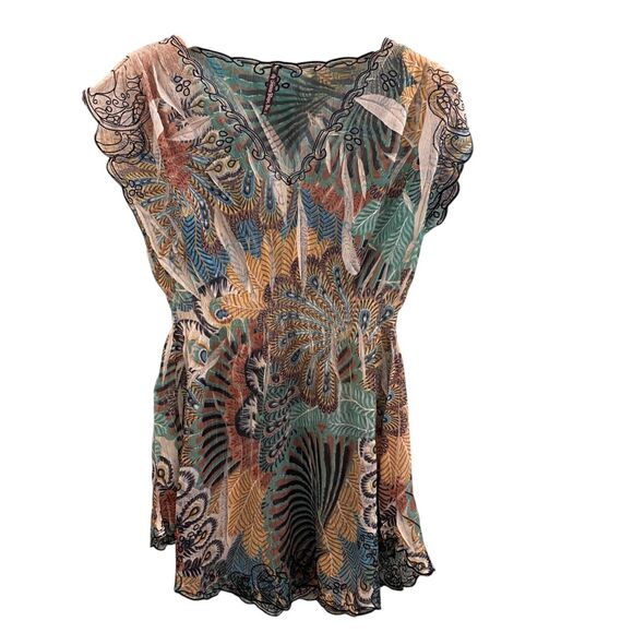 Mushka by Sienna Rose Top Womens Medium Blouse Sheer Peacock Embroidered Y2K - Picture 1 of 10